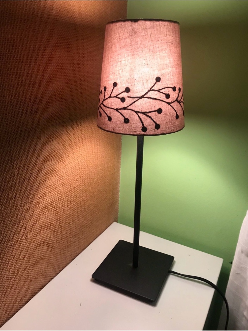 IKEA Small Table Lamp with Beige linen Embroidered birch Shade 18” H